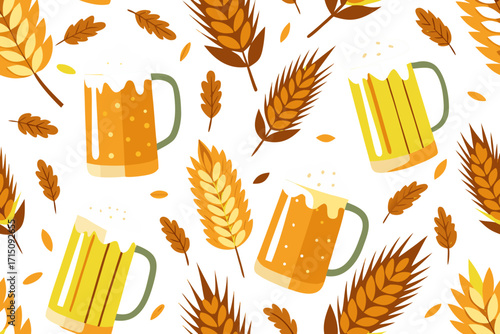 Vector seamless pattern featuring beer mugs and wheat, showcasing vibrant colors and playful design elements, perfect for Oktoberfest-themed projects and festive celebrations