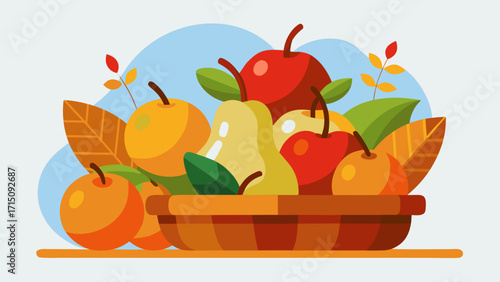 Colorful illustration of a harvest basket filled with various fruits including apples, pears, and oranges, surrounded by autumn leaves, celebrating the essence of Thanksgiving