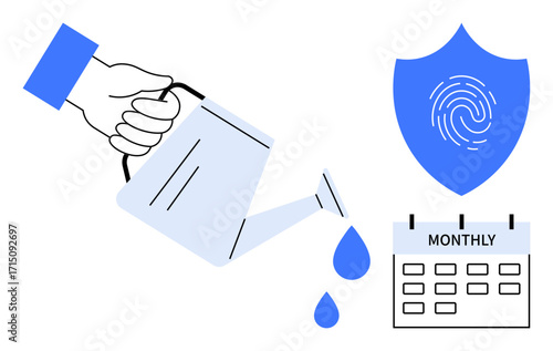 Hand watering growth with drops, shield with fingerprint depicting data security, and calendar marking time. Ideal for growth, nurturing, security, sustainability, time management, scheduling