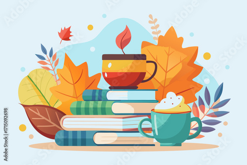 Colorful autumn leaves surround a stack of cozy books and a steaming cup of warm beverage, evoking a comforting fall atmosphere and inviting seasonal vibes
