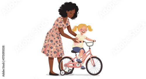 Mother teaching daughter how to ride bicycle with training wheels isolated on white background