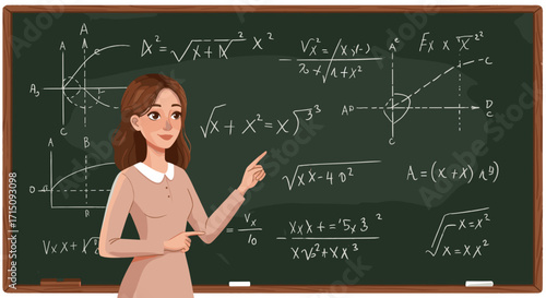 Young Woman Teacher Explaining Mathematical Formulas on Chalkboard Education Concept