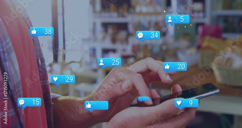 Blank bubble appearing driving tapping and swiping, icons multiplying around phone showing growth