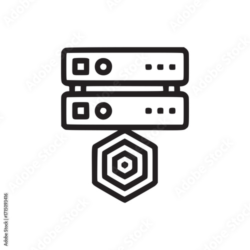 Illustration of a server stack connected to a hexagon, symbolizes data storage, network infrastructure, and blockchain technology in a minimalist design for techrelated visuals