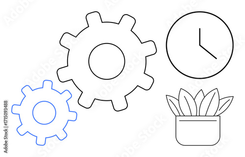 Interlocking gears, clock, and a potted plant symbolize efficiency, time management, balance, teamwork, innovation, progress and sustainability. Ideal for productivity planning collaboration