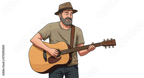 Joyful man wearing hat playing acoustic guitar isolated on white background