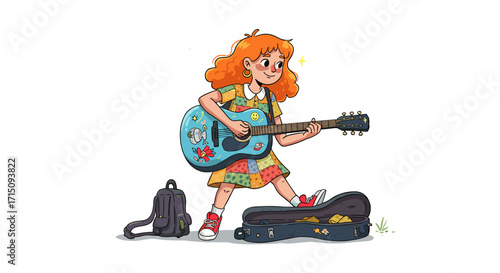 Cute Cartoon Girl Playing Guitar with Musical Notes and Backpack on White Background