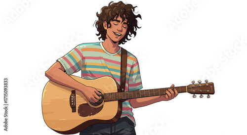 Young Man Playing Acoustic Guitar with Eyes Closed Feeling the Music Joyful Melody Isolated on White Background