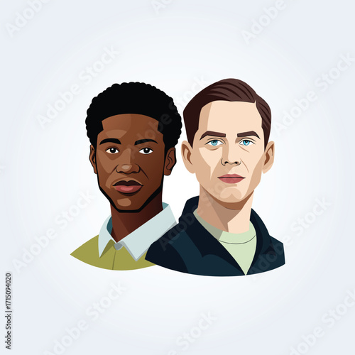 A cartoon character illustration of a black man and a white man in a pose