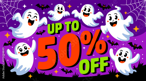 Halloween discount banner design. Halloween Promotion Poster. Halloween sale card design. Halloween Sale concept. Sale poster template with ghost. Halloween discount background. Halloween Sale night