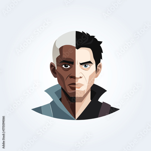 A cartoon character illustration of a black man and a white man in a long coat