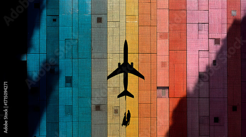 Vibrant aerial journey of a passenger airplane silhouette flying over a multicolored geometric pattern