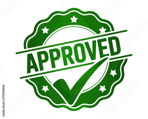 A green approved stamp with stars and a check mark indicating successful validation and approval process