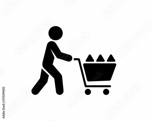 A minimalist black silhouette of a person pushing a shopping cart filled with triangular items forward