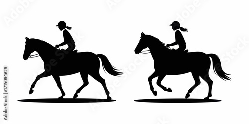 Two silhouettes depicting a person riding a horse in motion on a white background equestrian sport scene