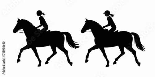 Two silhouettes of horses with riders in black color on a white background in a vector graphic