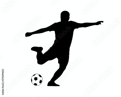 Silhouette of a soccer player kicking a ball with arms outstretched on a white background image view