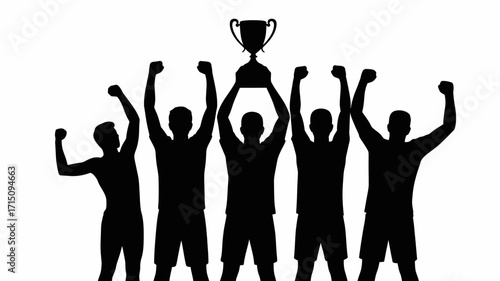 Silhouette of a team celebrating victory holding a trophy with their arms raised in the air with joy