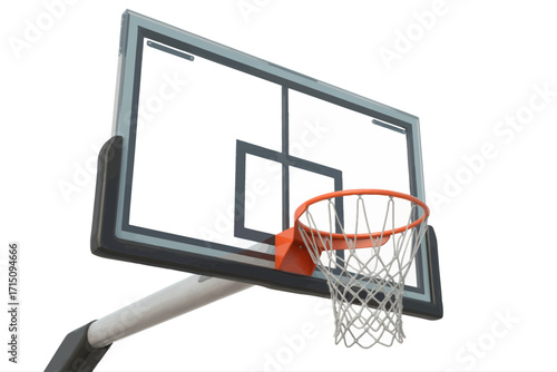 An upward view of a basketball hoop with a net attached to the orange rim against a white background