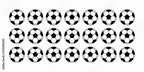 A collection of twenty one black and white soccer balls arranged in three horizontal rows on white background