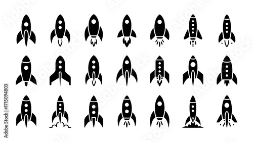 Illustration of various black rocket ship icons arranged in a grid pattern on a white background