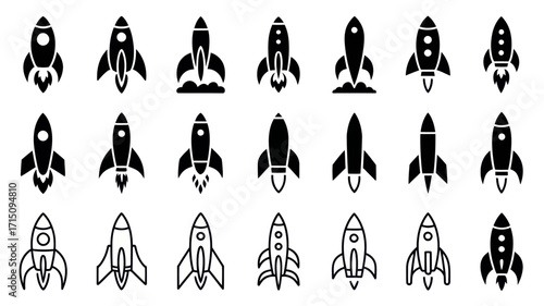 Collection of twenty one black and white rocket ship icons in various styles and orientations shown in rows