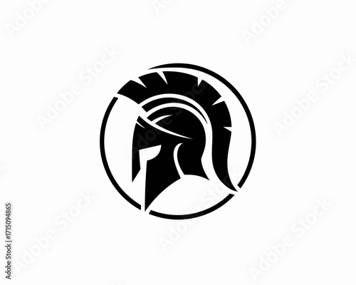 Illustration of a spartan helmet inside a circle with a black and white color scheme in simple style