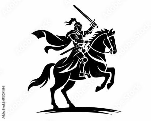 A black and white silhouette of a knight in armor riding a horse and holding a sword up high in the air