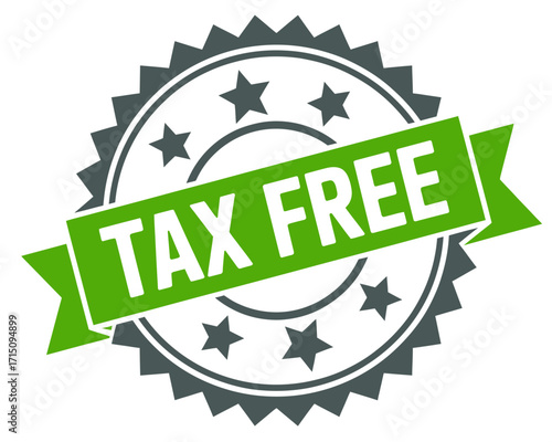 Illustration of a tax free green banner over a seal with stars and jagged edges in gray color scheme