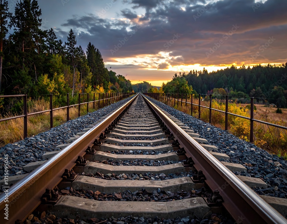 Fototapeta premium A tranquil railway track stretches into a distant, colorful landscape at sunset.