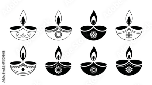 Collection of eight decorative diwali lamps with unique designs in black and white vector illustration