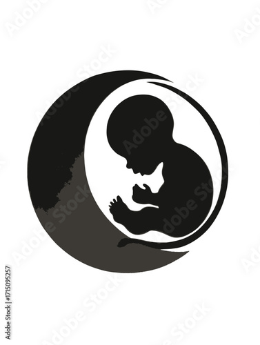 Silhouette of a fetus inside a crescent moon shape in black and white illustration art design
