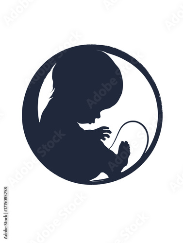Silhouette of a fetus inside a circle representing the womb and the umbilical cord attached to the baby