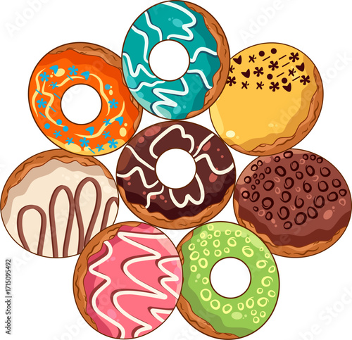 Colorful Donuts with Toppings Vector Set Cute Sweet Dessert Illustration