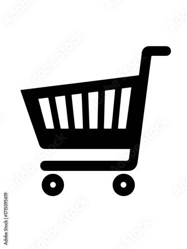 Illustration of a black shopping cart with wheels and handle used for carrying items in a store aisle
