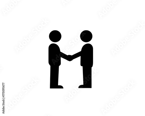Two stick figures in black shaking hands against a white background in a simple vector illustration
