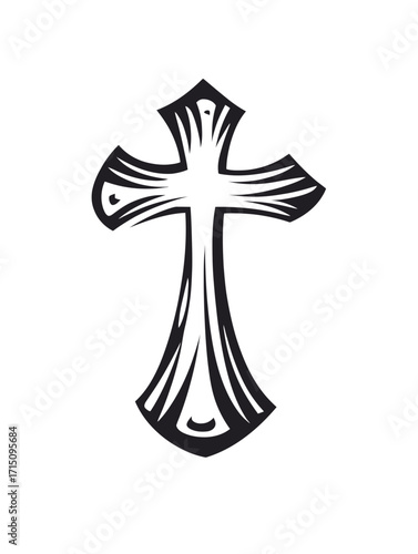 Ornate christian cross with decorative lines and a stylized shape on a white background isolated image