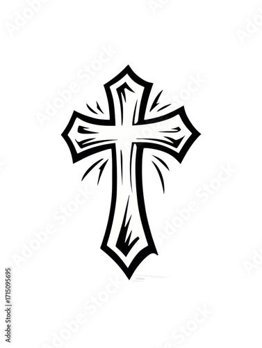 A decorative black and white cross with stylized edges and radiating lines on a white background design
