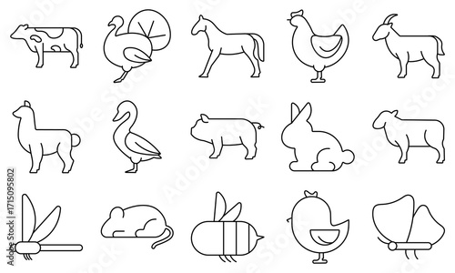 Farm animals line icon set. Editable stroke vector pictograms of cow, horse, chicken, pig, goat. Thin linear illustration.