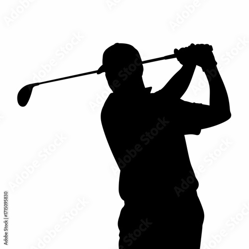 Silhouette of a golfer swinging a golf club with follow through on a white background in full swing motion