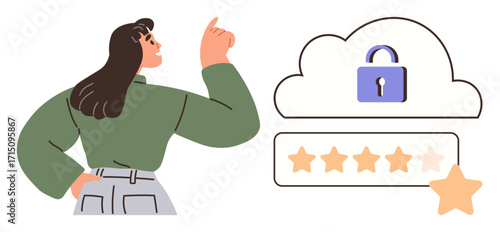 Confident woman gesturing toward secured cloud with lock, five-star rating system. Ideal for security, cloud storage, customer satisfaction, trust, online services, encryption, simple flat metaphor