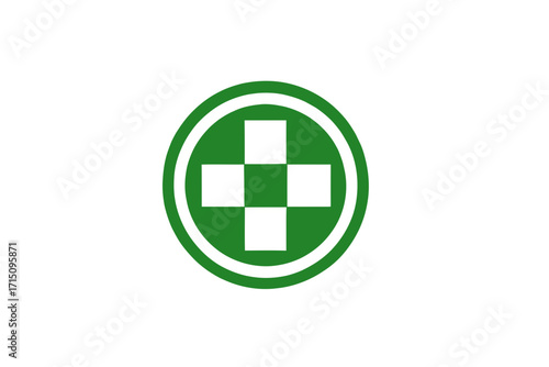 Green circle containing a white plus sign with rounded edges on a white background centered in frame