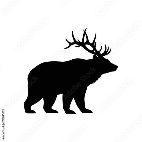Silhouette of a bear with antlers on its head standing against a white background in full profile view