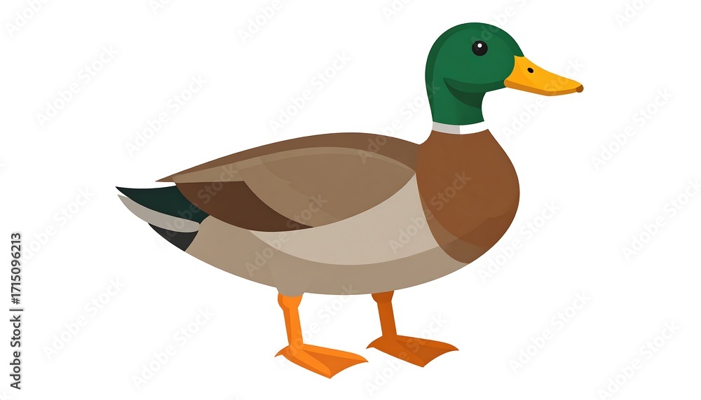 Fototapeta premium A cartoon illustration of a mallard duck, presented in profile view, showcasing its distinctive plumage and body features.