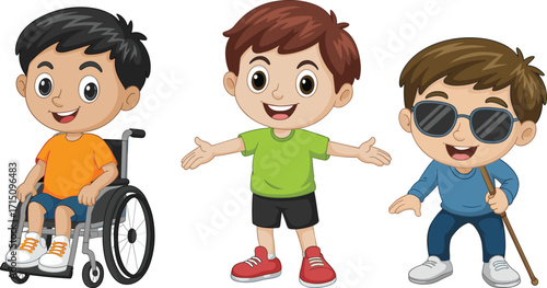 Cartoon children diversity, inclusive illustration, wheelchair child, blind child with cane, happy kids, disability awareness, accessibility, equality, friendship, education, community, support