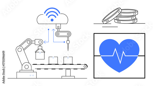 Robotic arm assembling devices on conveyor belt, cloud for wireless connectivity, pulse monitor, stacked coins. Ideal for IoT, smart factory, automation, healthcare, efficiency innovation