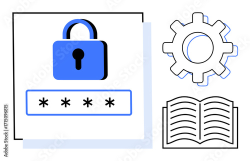 Blue padlock with password field representing security. Gear and open book symbols indicate configuration and knowledge. Ideal for technology, cybersecurity, education, data protection, access