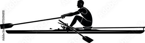 Silhouette of athlete rowing single scull boat on water, sports training, endurance exercise, outdoor fitness, competitive rowing illustration