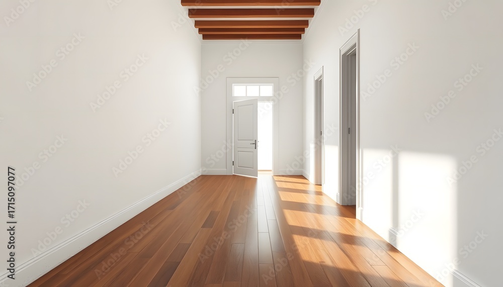 Obraz premium Modern home interior with an empty, open-plan room featuring a wood floor, large windows, and a staircase leading to the upper level