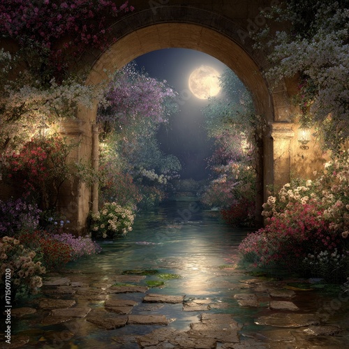Moonlight archway through a floral garden